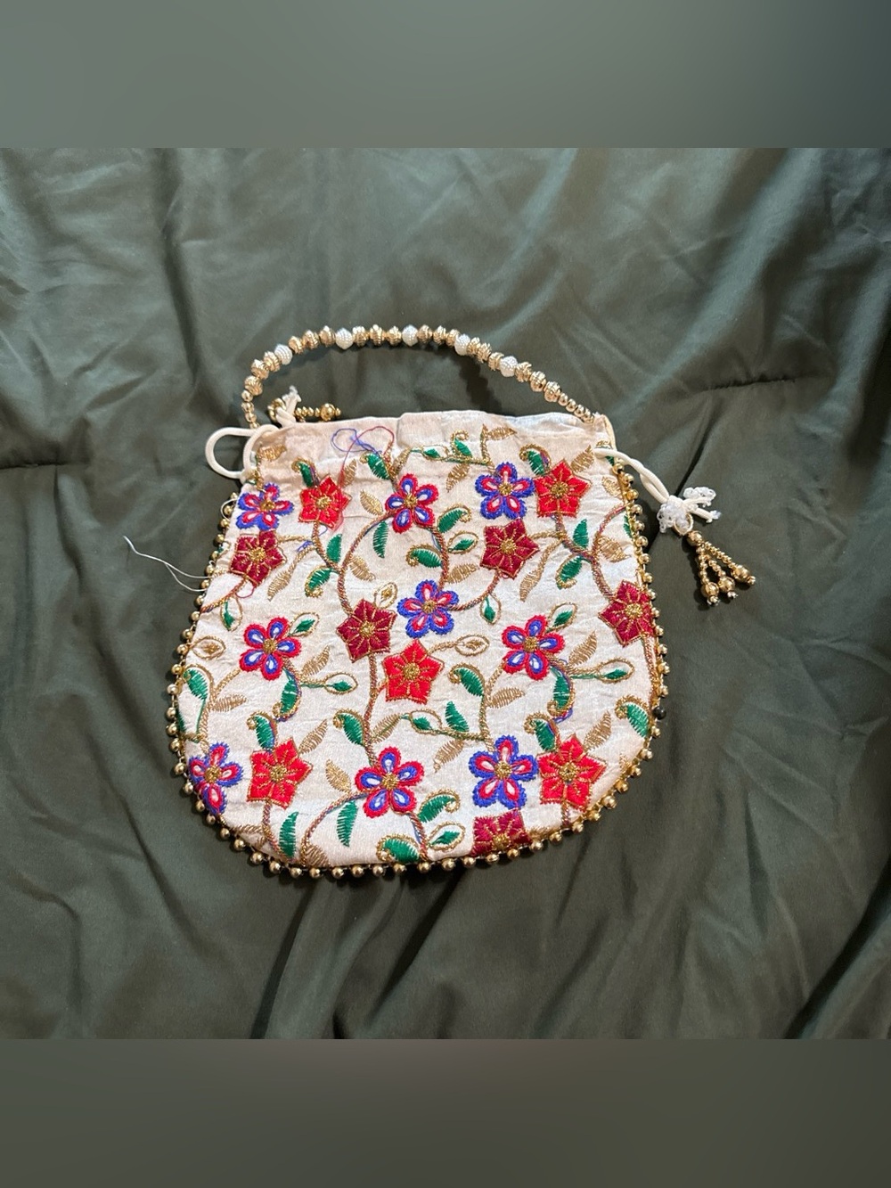 Indian Embroidered Floral Drawstring Handbag - Cream